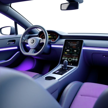 A futuristic car dashboard with a sleek design featuring smooth curves and a metallic finish. The dashboard is equipped with holographic displays that project various information such as speed, navigation, and vehicle diagnostics in vibrant colors. Touch-sensitive controls are seamlessly integrated into the surface, allowing for easy interaction. Ambient lighting highlights the dashboard's contours, adding a modern feel. The overall composition suggests an advanced technological environment, emphasizing innovation and sophistication.