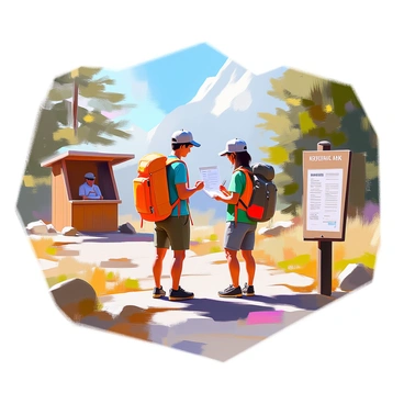 A camper with a backpack is standing at the entrance of a national park, filling out a registration form for a permit. The camper is wearing a green t-shirt and cargo shorts, with a baseball cap on their head. Beside them, there is a wooden sign displaying the park's name and rules. In the background, there are tall pine trees and a clear blue sky. A small wooden booth is visible, where a park ranger assists other visitors. The scene captures the excitement of outdoor adventures.