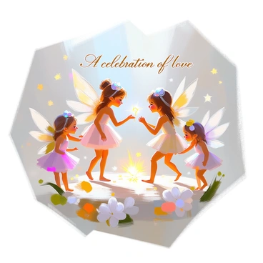 A whimsical wedding card design featuring several playful fairies fluttering around. The fairies are depicted with delicate wings and colorful outfits, each displaying a joyful expression. They are surrounded by twinkling lights that create a magical atmosphere. In the background, there are soft floral elements and leaves, adding to the enchanting theme. The text on the card reads, "A celebration of love" in elegant, flowing script, harmonizing with the overall enchanting scene.