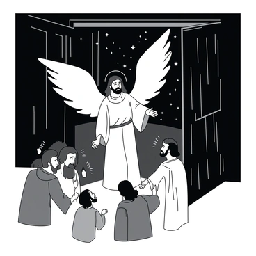 A white angel with luminous wings is standing in front of large, dark prison doors that are swung open wide. The angel is extending a hand towards the apostles, who are depicted as a group of men with varying expressions of surprise and relief. The background shows the silhouette of a night sky filled with stars and a faint glow illuminating the scene. The atmosphere is tense yet hopeful, as light emanates from the angel, casting soft shadows around the figures. The apostles are dressed in simple robes, and their faces display a mixture of awe and gratitude.