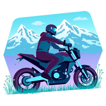 A rider with a sturdy build sits on a sleek black motorcycle, resting their arm on the handlebars. The rider wears a reinforced leather jacket and a full-face helmet, reflecting the sunlight. In the background, a vast mountain range stretches across the horizon, with jagged peaks dusted with snow. The sky above is a bright blue with a few scattered clouds. Wildflowers and tall grasses sway gently in the breeze around the motorcycle, creating a vibrant foreground. The rider gazes intently at the majestic landscape, taking a moment of solitude amidst the adventure.