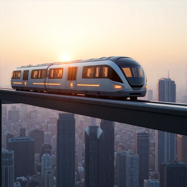A futuristic skytrain with a streamlined design, featuring shiny metallic surfaces and glowing LED accents. It is elevated on sleek tracks above a sprawling cityscape. The compartments of the skytrain are designed for cargo, with large, rectangular shapes that are securely sealed. Below, the city is bustling with tall skyscrapers, some with glass facades reflecting the sky. The sun is setting in the background, casting a warm glow over the scene, enhancing the modernity of the skytrain as it swiftly moves through the air.