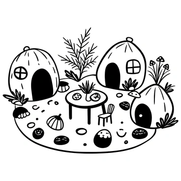 A miniature fairy garden featuring small, intricately detailed chestnuts designed as homes, each with tiny doorways and windows. Surrounding the chestnut houses, there are various elements of garden decor, such as miniature toadstools, pebbles arranged as pathways, and small plants resembling ferns. In the center, a tiny table made from acorns and a few leaves serves as a gathering place. Delicate fairy-sized furniture, like chairs made from twigs, is placed around the table. The composition is lush with greenery, creating an enchanting atmosphere.