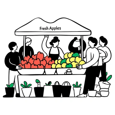 A market stall filled with numerous baskets overflowing with various types of apples, including red, green, and yellow ones. The vendor is standing behind the table, with hands placed on the edge, displaying the fresh produce. A scale sits on the table, and a sign reading "Fresh Apples" is propped up for customers to see. Nearby, there are customers examining the apples, picking some up and placing them in bags. Surrounding the stall, there are other vendors and customers interacting, creating a lively atmosphere.
