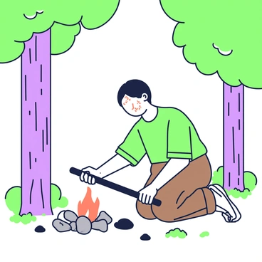 A person is kneeling on the forest floor, attempting to start a fire by rubbing two sticks together. The person is wearing a green shirt and brown pants, with dirt smudged on their hands and forehead. Surrounding them are tall trees with thick trunks and lush green foliage, casting dappled sunlight on the ground. Small rocks are scattered nearby, alongside a few fallen leaves and twigs. The person's expression is focused as they exert effort, with one stick held steady against the ground while the other is being vigorously rubbed against it.