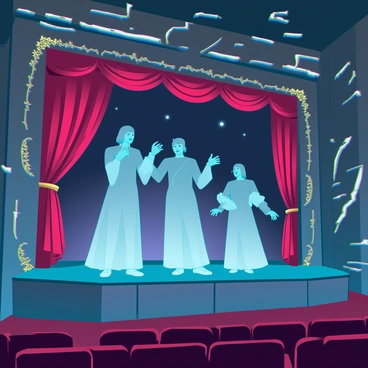 An old, crumbling theater with faded red velvet curtains and ornate, peeling gold decorations. Ghostly actors, appearing semi-transparent, are performing a dramatic scene on stage. They wear elaborate, vintage costumes, with flowing fabric that seems to ripple without a breeze. The audience area is dimly lit, with dust particles floating in the air, and a sense of abandonment and nostalgia fills the space. Shadows play across the theater's walls, creating an eerie atmosphere as the actors deliver their lines in a haunting manner.