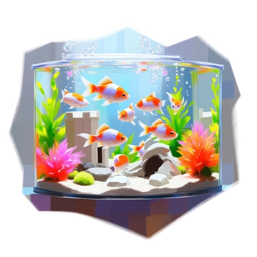 A lively gathering of zebrafish swimming together in a vibrant aquarium filled with colorful decorations. The aquarium features various plants such as green water ferns and bright red java moss, creating an underwater jungle for the fish. The background includes decorative rocks and a small castle structure, surrounded by bubbles rising to the surface. The zebrafish are darting through the water in a school, showcasing their bright orange and blue stripes, while light dances off the surface of the water, adding shimmer to the scene.