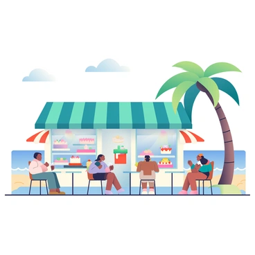 A charming cake shop with white walls and a teal roof is positioned near a sandy beach. The shop has large windows displaying an array of colorful cakes adorned with vibrant frosting and decorative toppings. Outside, a few tables with striped umbrellas are set up on the patio. People of diverse backgrounds are seated at the tables, enjoying slices of cake while sipping beverages. Gentle waves are lapping against the shore in the background, and a light breeze is rustling the leaves of nearby palm trees. The sky overhead is clear with a few fluffy clouds, creating a warm, inviting atmosphere.