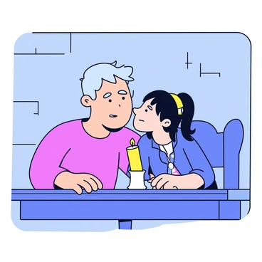 Iago is leaning close to Emilia, his lips near her ear as he whispers. The room is dimly lit, with soft shadows cast by a single flickering candle. Emilia is looking up at Iago, her expression a mix of curiosity and concern. The walls of the room are bare, and there is a small wooden table nearby, adding to the simplicity of the setting. Iago's face is partially obscured by the low light, emphasizing the secrecy of the moment.