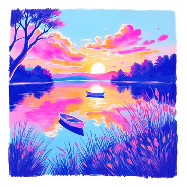 A sunset scene shows a lake reflecting vibrant "orange," "pink," and "purple" hues in the sky. Silhouettes of trees line the shore, their branches gently arching over the water. In the foreground, delicate reeds sway gently at the water's edge. A small boat floats calmly on the lake, casting a soft shadow on the surface. The clouds are fluffy and scattered, catching the warm colors of the setting sun.