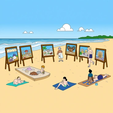 An open-air art gallery situated on a sandy beach, with the soft waves of the ocean lapping at the shore. The gallery features several wooden display stands arranged in a semi-circle, each showcasing unique shell artwork. Some pieces include colorful seashell mosaics, intricate shell sculptures, and vibrant paintings inspired by marine life. The sun is shining brightly, casting warm light on the artwork, highlighting the textures and colors of the shells. A few beachgoers stroll around the gallery, admiring the creations, while others sit on beach towels nearby, enjoying the ocean breeze. A bright blue sky with a few fluffy clouds completes the scene, creating a lively and inviting atmosphere.