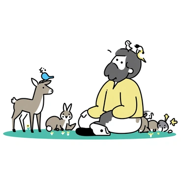 A large man with a thick beard and long hair, wearing simple, earth-toned clothing, is sitting on the grass. He has a warm expression on his face as he gazes at the animals gathered around him. A curious deer stands beside him, while a few rabbits are sitting at his feet. Birds are perched on his shoulders, and a fox is lying nearby, looking up at him. The lush green grass and scattered wildflowers create a vivid backdrop for this peaceful gathering of forest creatures.