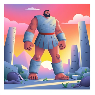 A towering Goliath figure with muscular arms and a fierce expression is standing amidst ancient stone ruins. The figure is clad in weathered armor that glimmers faintly in the warm light. Crumbled columns and broken statues surround him, reflecting the remnants of a bygone era. The sky above is filled with vibrant hues of orange, pink, and purple as the sun sets on the horizon. Shadows stretch across the ground, creating a dramatic contrast against the rich colors of the sky. Small fragments of ancient pottery and vegetation peek through the stones, adding to the historical ambiance of the scene.