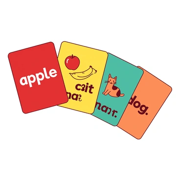 A red flashcard displays the word "apple" in bold white letters. Next to it, a yellow flashcard showcases the word "banana," accompanied by a vibrant illustration of a banana. A teal flashcard features the word "cat," with a cute drawing of a cat sitting beside it. Lastly, an orange flashcard presents the word "dog," paired with a fun depiction of a dog wagging its tail. Each flashcard has a distinct color and a simple illustration that relates to the word shown.