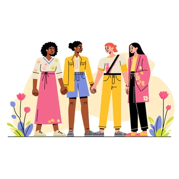 A group of women of different ethnic backgrounds standing together in a circle, holding hands. Each woman has distinct features and attire that reflect her cultural heritage. One woman has curly black hair and is wearing a colorful traditional dress. Another has straight brown hair and is dressed in a modern outfit, while a third woman has long straight black hair and is in a vibrant kimono. They all have determined expressions on their faces, symbolizing solidarity and unity. The background features a bright, cheerful landscape with flowers and trees, enhancing the theme of togetherness.