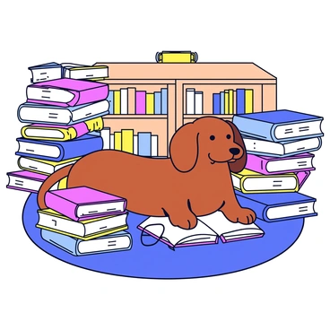 A dachshund with a smooth brown coat is sitting comfortably among piles of colorful books in a cozy library. The books are stacked in various sizes, some open with pages slightly fanned out. The library has warm lighting, casting a soft glow over the scene. In the background, there are wooden shelves filled with more books, and a plush rug covers the floor where the dachshund is nestled. A pair of reading glasses rests on one of the books nearby.