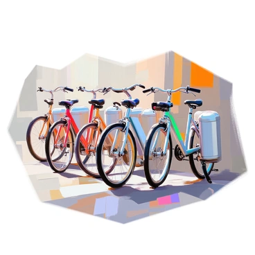 A row of bicycles parked neatly, each one equipped with cylindrical fuel tanks attached to the sides. The bicycles are varied in color, showcasing shades of red, blue, and green, while the fuel tanks are metallic and sleek, reflecting light. The tires of the bicycles are resting on a textured surface, and the handlebars are positioned at different heights, creating a sense of visual interest. The scene conveys an organized yet unconventional arrangement of bicycles enhanced by the unusual addition of fuel tanks.