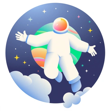 An astronaut wearing a white space suit is floating in the vastness of space. The helmet reflects the vibrant colors of a distant planet. The planet is large, showcasing swirling patterns of blue, green, and orange. Numerous stars twinkle around in the dark background of space. The astronaut’s arms are outstretched, and there are small clouds of space dust surrounding him, enhancing the sense of weightlessness.