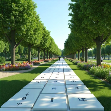 A pathway made entirely of large, flat keyboard keys, each key featuring distinct letters and symbols on its surface. The pathway winds smoothly through a lush green park, bordered by colorful flower beds and tall trees with thick trunks and leafy canopies. Sunlight filters through the leaves, casting dappled shadows on the pathway. Park benches are positioned along the sides, and a few people can be seen walking on the keys, enjoying the unique scenery. In the background, a clear blue sky completes the tranquil setting.