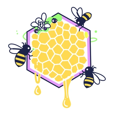 A close-up view of a honeycomb with intricate hexagonal cells. The honeycomb is a vibrant structure, filled with golden honey that is slowly dripping from its edges. The texture of the wax cells is detailed, showcasing their geometric patterns. Honey glistens as it catches the light, forming small droplets that hang at the bottom of the honeycomb. Surrounding the honeycomb, there are small clusters of bees, some resting on the surface while others are in the process of collecting honey. The scene highlights the natural beauty and structure of the honeycomb.