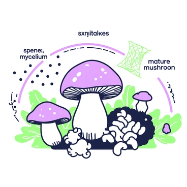 A detailed botanical illustration displays the lifecycle of the shiitake mushroom. At the center, there is a fully grown shiitake mushroom with a broad, umbrella-shaped cap and a thick stem. Surrounding it, there are various stages of growth, including a cluster of smaller mushrooms, some just emerging from the substrate. To the left, a depiction of spores being released from the mature mushroom is illustrated, while to the right, an illustration shows the mycelium network in the soil. Above, the lifecycle is represented with labels indicating each stage: "spores," "mycelium," "young mushroom," and "mature mushroom." The background features subtle plant elements, enhancing the botanical theme.