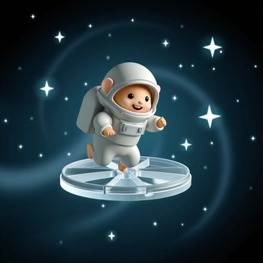 A small hamster, wearing a shiny silver space suit, is energetically running on a transparent exercise wheel. The wheel is suspended in a vast expanse of space, surrounded by twinkling stars of various sizes. The background showcases deep shades of blue and black swirling around, enhancing the feeling of weightlessness. The hamster's tiny paws are in motion, and its expression is one of determination as it races through the stars.