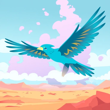 A thunderbird flying over a desert landscape as a sandstorm brews in the background