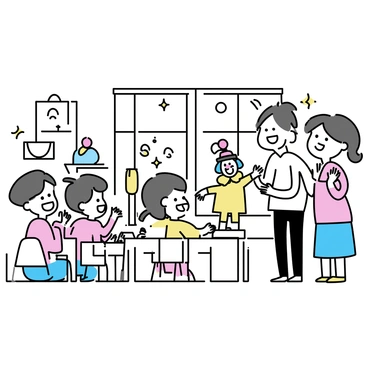 A preschool classroom filled with colorful decorations and small tables. In the center, a puppet show is taking place with two puppets: a cheerful clown and a playful animal. Children seated on small chairs, some clapping and others laughing, are clearly enjoying the performance. A teacher is standing beside the puppet stage, guiding the show with a big smile. Sunlight is streaming through the windows, illuminating the happy faces of the children.