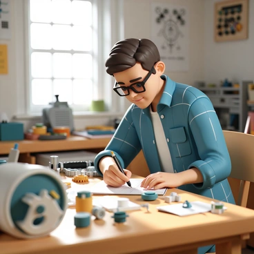 An inventor, wearing a blue plaid shirt and black glasses, sits at a wooden workbench in a cluttered workshop. Various tools, gears, and mechanical parts are scattered around the workspace. The inventor is focused, sketching on a notepad with a pencil, showing a thoughtful expression. Sunlight filters through a nearby window, casting light on a half-finished invention beside him. A wall in the background is covered with sketches and diagrams pinned up.