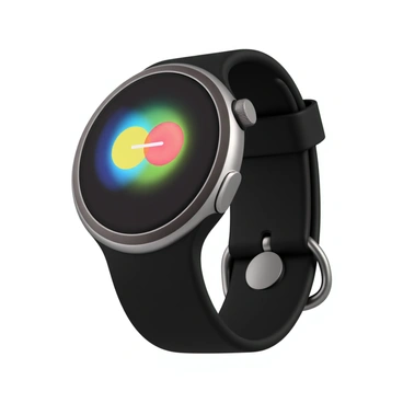 A sleek smartwatch with a round face and a metallic finish. The screen shows a vibrant, colorful notification indicating a real-time payment has been received. The watch band is made of black silicone and fits snugly on a wrist. The background is minimalistic and complements the design of the smartwatch, allowing the notification to stand out clearly. The hands of the watch are in a modern style, adding to the overall futuristic look.