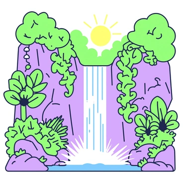 A waterfall cascades down a rocky cliff in a rainforest, creating a mist at its base. Surrounding the waterfall is an abundance of native flora, including tall green ferns and broad-leafed plants. Several vibrant green vines climb the rocks near the water's edge. The scene is dotted with large, purple flowers blooming among the greenery, adding depth to the lush environment. In the background, more dense green vegetation creates a sense of enclosure around the waterfall. Sunlight filters through the trees, illuminating the mist and highlighting the intricate details of the plants.