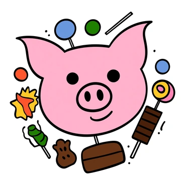 A cartoon illustration of a pig's face with a round, pink snout and big, expressive eyes. The pig has large, floppy ears and a cheerful smile. Surrounding the pig's face are an assortment of vibrant candies and treats, including colorful lollipops, chocolate bars, and gummy bears. The candies are arranged in a circle, adding a playful and festive atmosphere to the image.