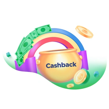 A modern pastel illustration featuring a vibrant rainbow composed of colorful bills in shades of green, blue, red, yellow, and purple. The bills are arranged in an arc that leads to a shiny gold pot. The pot is prominently labeled with the word "Cashback" in bold, eye-catching letters. Surrounding the pot are scattered coins reflecting light, creating a sense of abundance. The background is a gentle gradient that enhances the colorful elements in the foreground.