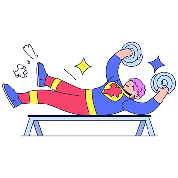 A comic book hero with a muscular build is performing a dumbbell chest press. The hero has a bright red and blue costume, showcasing a large emblem on the chest. He is lying on a simple horizontal bench, with his arms extended upward, holding oversized, shiny silver dumbbells. Around the hero, there are visual effects like bold lines and bursts, emphasizing his exaggerated strength and effort. The background is a solid color to keep the focus on the hero and his action.