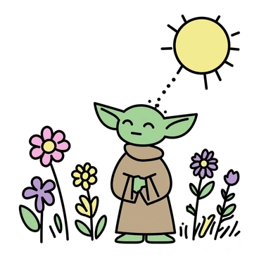 A small green alien with large pointed ears, resembling Yoda, stands in a vibrant field filled with colorful wildflowers. The wildflowers are in full bloom, showcasing a variety of colors including yellow, purple, and red. The alien is wearing a brown robe, and its wise expression is focused on the surroundings. The sun is shining brightly, illuminating the scene and creating a lively atmosphere around the character.