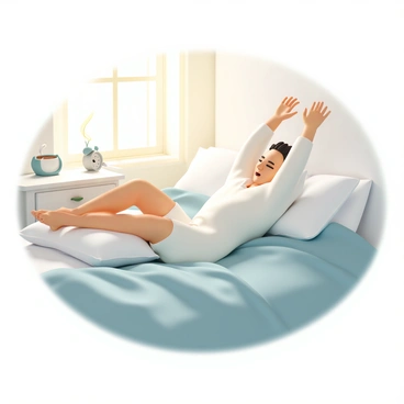A person, wearing a white pajama set, is stretching sleepily in a cozy bed. The individual is lying on their back with arms extended above their head and legs slightly bent. The soft quilt is a light blue color, and fluffy pillows are arranged around them. Morning light is streaming through a nearby window, casting warm golden rays across the bedding and illuminating the room. A bedside table holds a small alarm clock and a steaming cup of coffee.