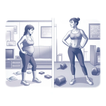 A detailed illustration depicting a person's fitness journey over time. The left side of the image shows an individual at the beginning of their journey, appearing unfit, with a slumped posture, wearing loose-fitting clothing. The setting includes a cluttered living space with fast food wrappers and a television in the background. The right side of the image shows the same person after their transformation, standing upright with a confident posture, wearing fitted athletic attire. Their surroundings include a gym with exercise equipment, weights, and a motivational poster on the wall. The contrast between the two sides highlights the physical and emotional changes, portraying a vibrant and determined figure on the right.