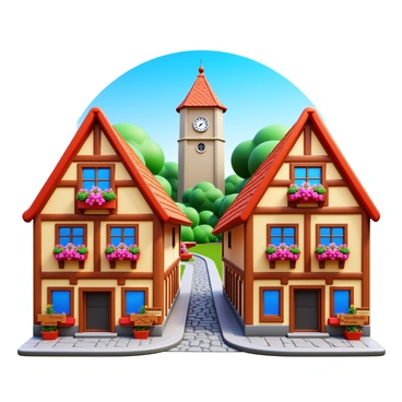 A quaint historic village featuring cobbled streets winding between half-timbered houses. The houses have exposed wooden beams and colorful facades. Flower boxes with vibrant blooms adorn the windows. Small shops with wooden signs line the streets. In the background, a clock tower stands tall, surrounded by lush greenery. A clear blue sky is above, enhancing the charm of the scene.