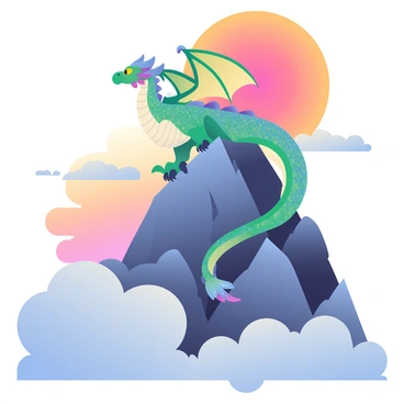 A large mythical dragon with iridescent scales in shades of green, blue, and purple is perched majestically on a rugged mountain peak. Its wings are spread wide, showcasing intricate patterns, and its long tail curls elegantly around the rocky surface. The dragon's piercing eyes are bright gold, glinting in the light as it surveys the landscape below. Thick, fluffy clouds swirl beneath the mountain, forming a soft, white blanket that contrasts with the sharp, jagged edges of the rocks. The sky above is a gradient of orange and pink, indicating a breathtaking sunrise or sunset, casting a warm glow on the dragon's scales.