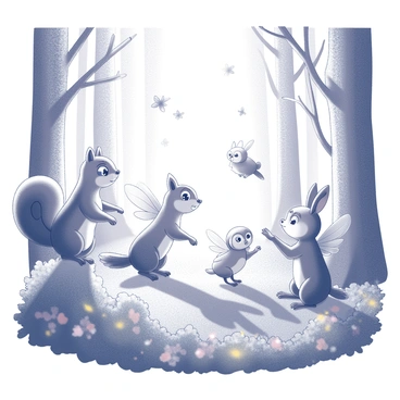 A lush forest scene filled with a variety of animals. A playful squirrel stands on its hind legs, while a curious rabbit peeks from behind a bush. Nearby, a wise old owl perches on a low branch, observing the surroundings. Several fairies with delicate wings are flitting around, sparkling as they move. They are engaging with the animals, creating a joyful atmosphere. Sunlight filters through the trees, casting dappled shadows on the forest floor. Flowers bloom brightly, adding to the enchanting feel of the scene.
