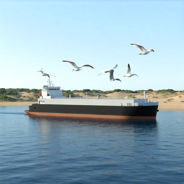 A flock of seagulls with white feathers and gray wings is flying above a large tank barge. The tank barge is painted in industrial colors, featuring a dark hull and a light-colored deck. The barge is floating calmly on the water, which reflects the blue sky. In the background, the coast is visible with sandy beaches and patches of green vegetation. The seagulls are in various poses, some with their wings fully extended while others are gliding gracefully through the air.