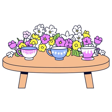 A table set with a beautiful arrangement of tea cups. The tea cups are colorful and decorated with delicate floral patterns. Surrounding the cups are fresh flowers in various hues, including pink, yellow, and white. The flowers are in full bloom, and their vibrant colors complement the tea cups. The table is made of a light wood, providing a warm backdrop for this display.