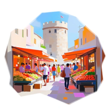 A bustling local market situated in front of "Galata Tower." Various stalls display an array of colorful fruits, vegetables, and artisanal goods. People are engaged in shopping, with some examining produce while others converse animatedly. The setting is lively, with shoppers of different ages moving through the narrow pathways between the stalls. "Galata Tower" looms in the background, its stone structure providing a historic backdrop to the vibrant market scene. Brightly colored awnings shade the stalls, adding to the lively atmosphere.