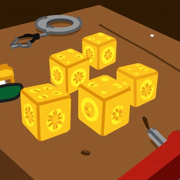 A set of dice crafted from intricately designed gears and polished brass. Each die features a distinct shape, with visible moving parts and detailed engravings. The gears interlock seamlessly, and the surfaces reflect a warm, golden glow. The dice emit a soft, enchanting light that highlights their steampunk aesthetic, giving them an otherworldly appearance. They are arranged on a textured wooden table, with hints of vintage tools and gadgets scattered around them.