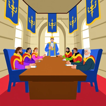 A grand royal council meeting taking place in a large, opulent chamber in Demacia. The room is adorned with "ornate banners" hanging from the high ceiling, each displaying the "Demacian crest" in rich blue and gold colors. "Regal figures" are seated around a long, polished wooden table, wearing elaborate "gold-trimmed robes" and "decorative armor." The expressions on their faces convey determination and focus. Large windows let in beams of light, illuminating the room and casting shadows on the intricately designed "stone walls" that feature carvings of historic battles and heroes. A "tall figure," possibly a king or queen, stands at the head of the table, commanding attention.