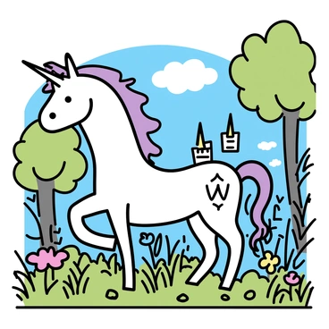 A unicorn with a spiraled horn and a flowing mane stands prominently in a lush green forest. The unicorn is surrounded by various medieval flora, including vibrant wildflowers and tall grasses. It is depicted in profile, with its body adorned with intricate designs that resemble the patterns typically found in medieval tapestries. In the background, a soft blue sky is visible through the trees, while hints of a distant castle can be seen peeking through the foliage.