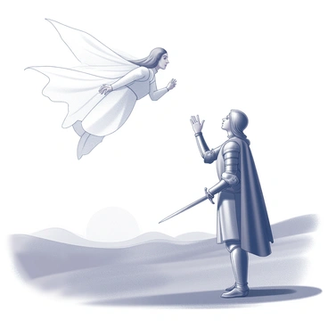Jeanne d'Arc stands in a field, wearing a suit of armor that glints in the light. She holds a sword in one hand, while her other hand is raised slightly as if she is listening intently. Above her, a celestial figure, with an ethereal glow, hovers in the air. The figure is adorned in flowing robes that swirl gracefully around them. They extend one hand toward Jeanne, providing guidance and inspiration. A sense of urgency and purpose fills the scene as Jeanne gazes upward, absorbing the wisdom being imparted. The backdrop features a distant landscape with rolling hills and a soft sky, enhancing the moment of divine connection.