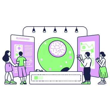 A museum exhibit showcases a giant model of a lysosome in the center. The lysosome is detailed, illustrating its complex structure, and is surrounded by interactive displays. To the left of the model, there is a touchscreen display providing information about lysosomes and their functions in cells. On the right, a large poster displays diagrams of cellular processes involving lysosomes. Visitors are gathered around the exhibit, some engaging with the displays and others taking notes. The lighting highlights the features of the lysosome model and the educational materials surrounding it.