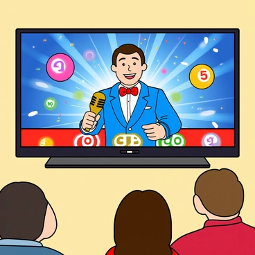 A flat-screen television mounted on a wall, displaying a vibrant and colorful live lottery draw. The screen shows an animated host with a big smile, wearing a bright blue suit and a red bowtie. The host is holding a golden microphone and presenting the lottery numbers that are being drawn. Surrounding the host, there are large, colorful balls with numbers on them floating in the air. The background of the screen features flashing lights and confetti, creating a festive atmosphere. The television has a sleek black frame and is positioned in a lively room with people gathered around, eagerly watching the draw.