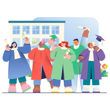 A group of art students is gathered outside a Canadian art school, wearing colorful graduation gowns in shades of blue, red, and green. Each student holds a rolled-up diploma in one hand, while some are throwing their caps into the air in celebration. The scene is lively, with joyful expressions on their faces as they pose for photographs. In the background, the architecture of the art school features large windows and a contemporary design. Near the students, there are vibrant flowers blooming in a nearby garden, adding color to the scene. A clear blue sky stretches overhead, creating a bright and cheerful atmosphere.